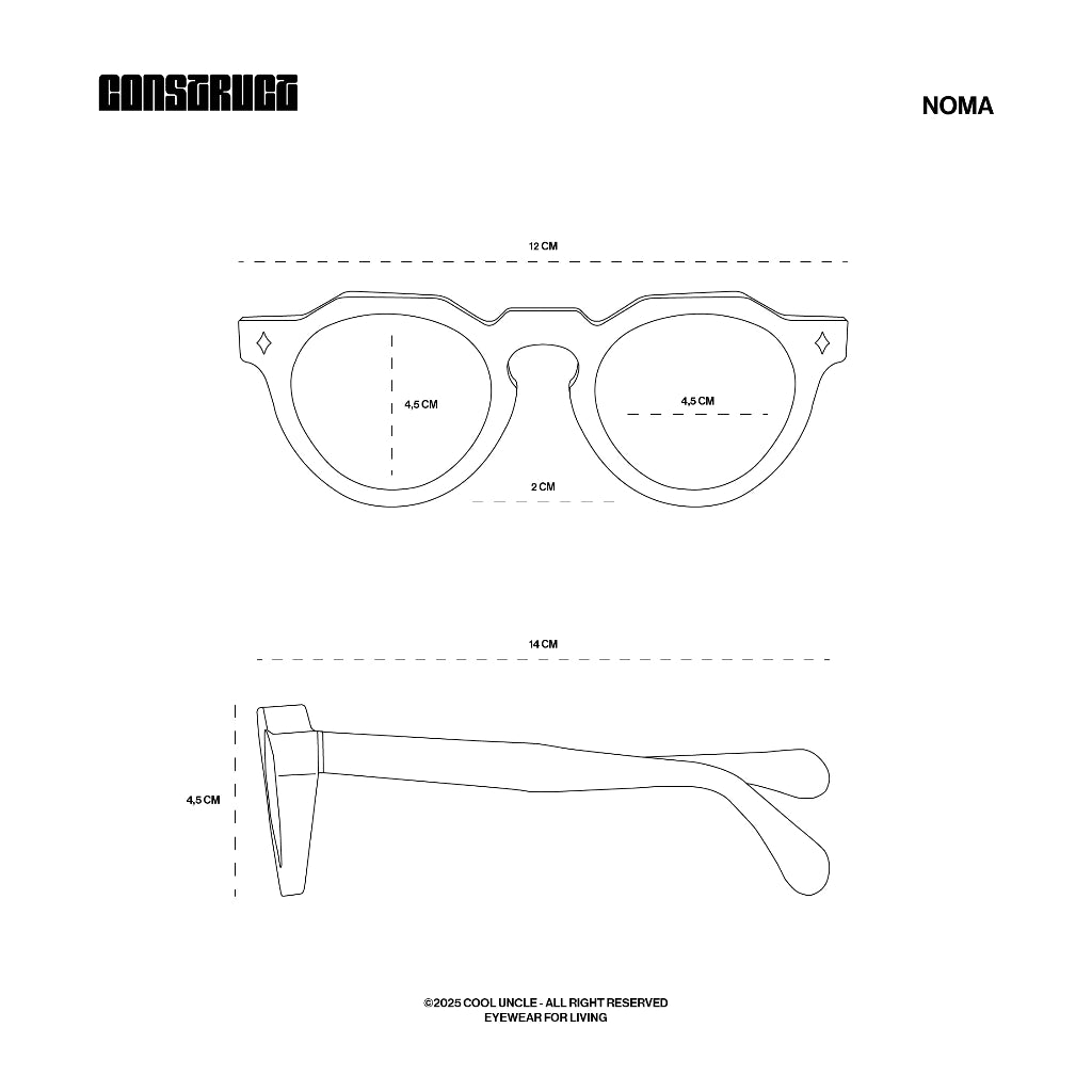 Technical drawing of sunglasses by Cool Uncle with dimensions.