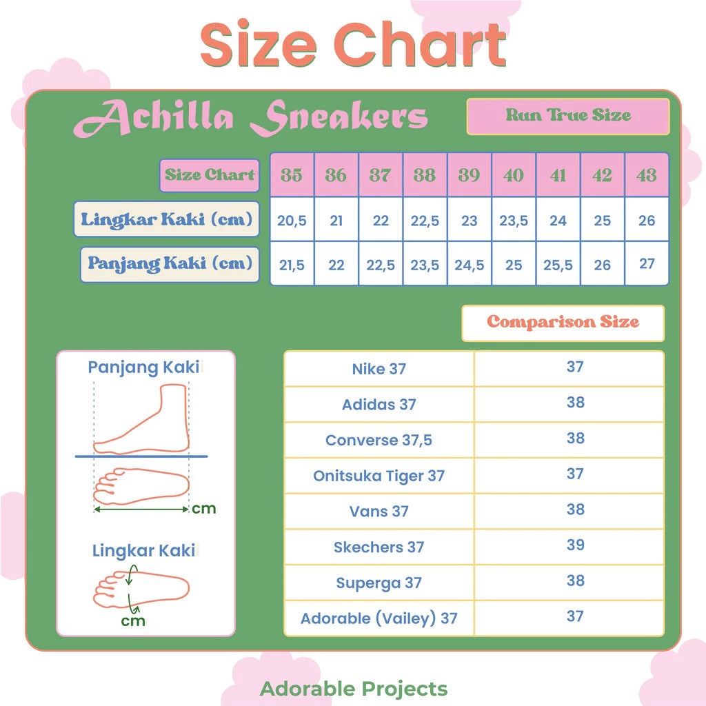 Size chart for Achilla Sneakers by Adorable Projects with measurements and comparison to other shoe brands.