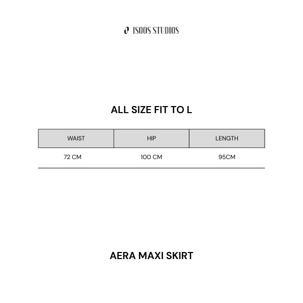 Measurement chart for Aera Maxi Skirt by Isoos Studios on a white background