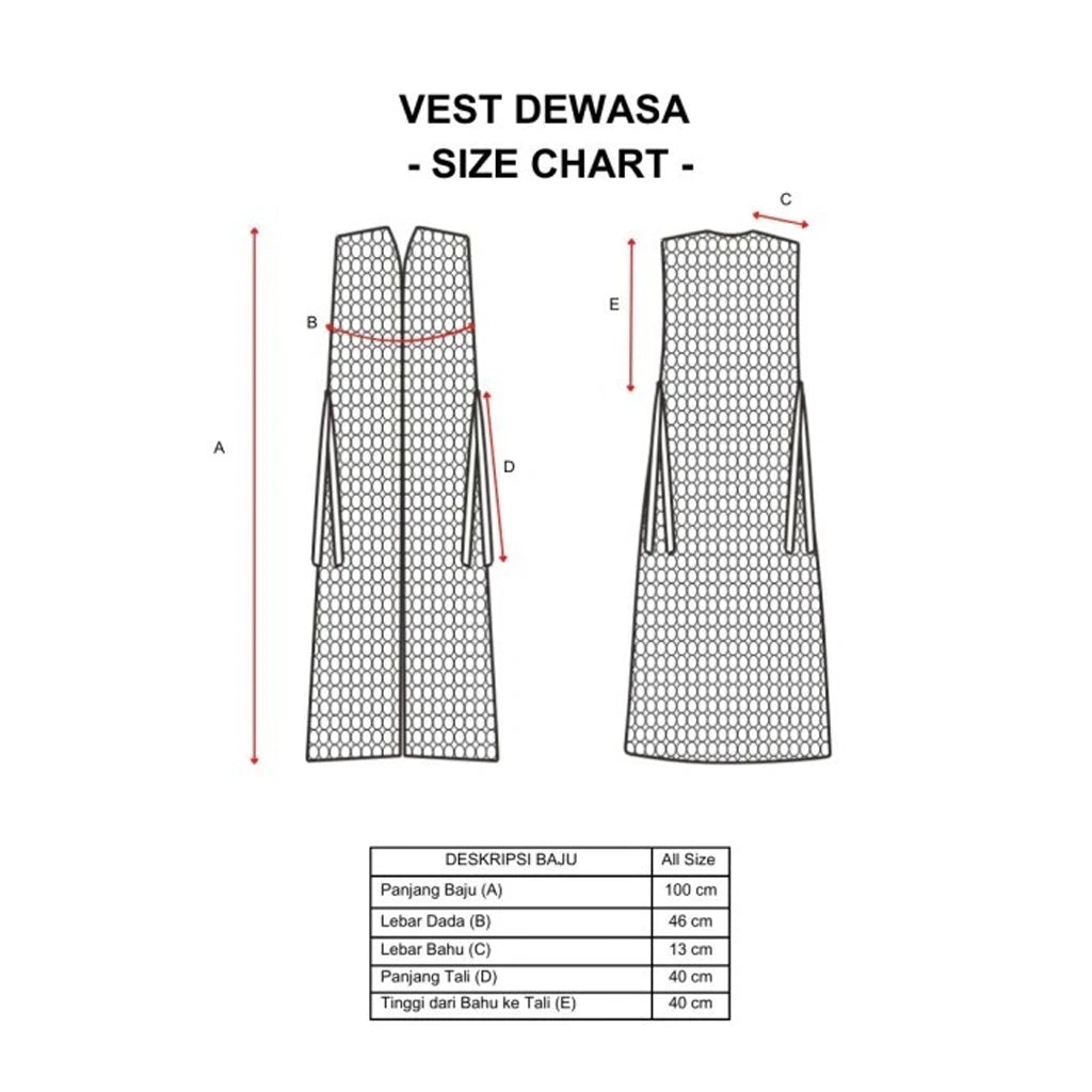 Size chart for a Aksata vest by Damakara with dimensions labeled on a white background