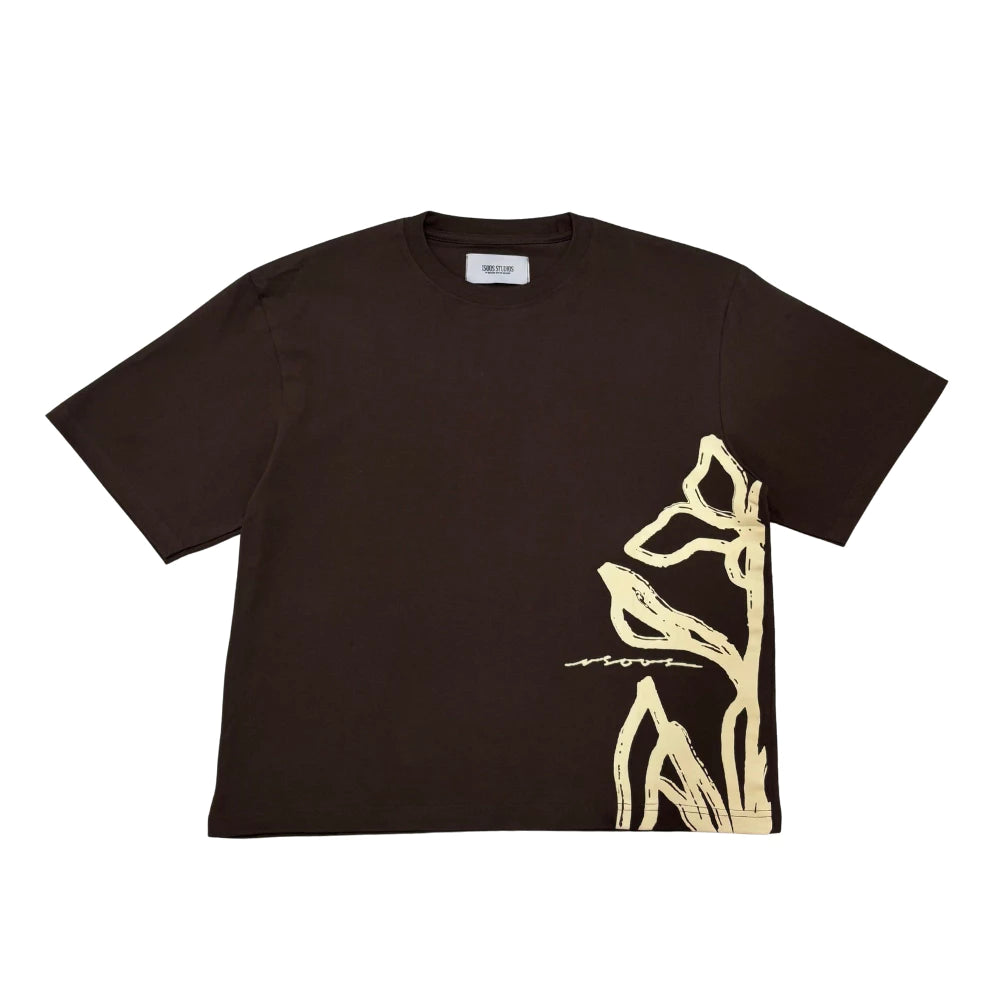 Brown t-shirt by Isoos Studios with gold floral design on a white background