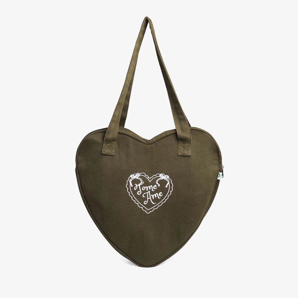 Army-colored heart-shaped tote bag by Tome Ame on a white background