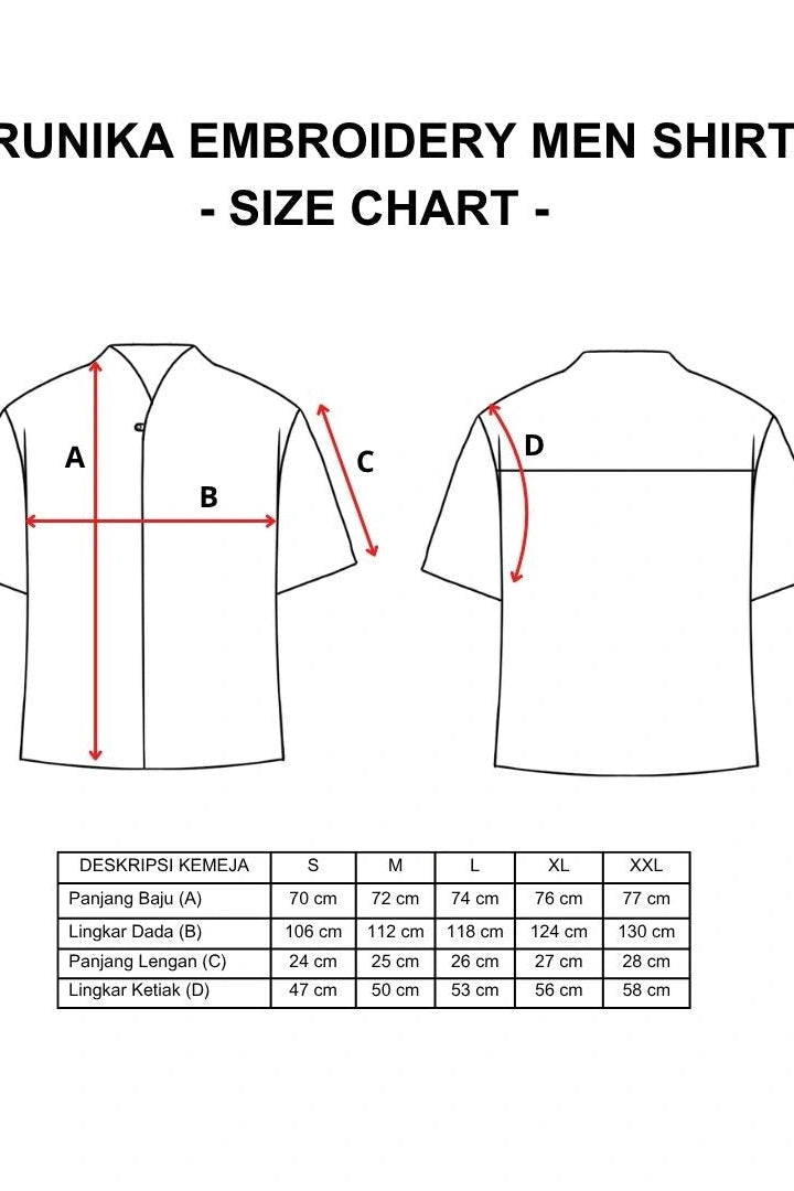 Arunika embroidery men shirt size chart by Damakara with front and back views and measurements.