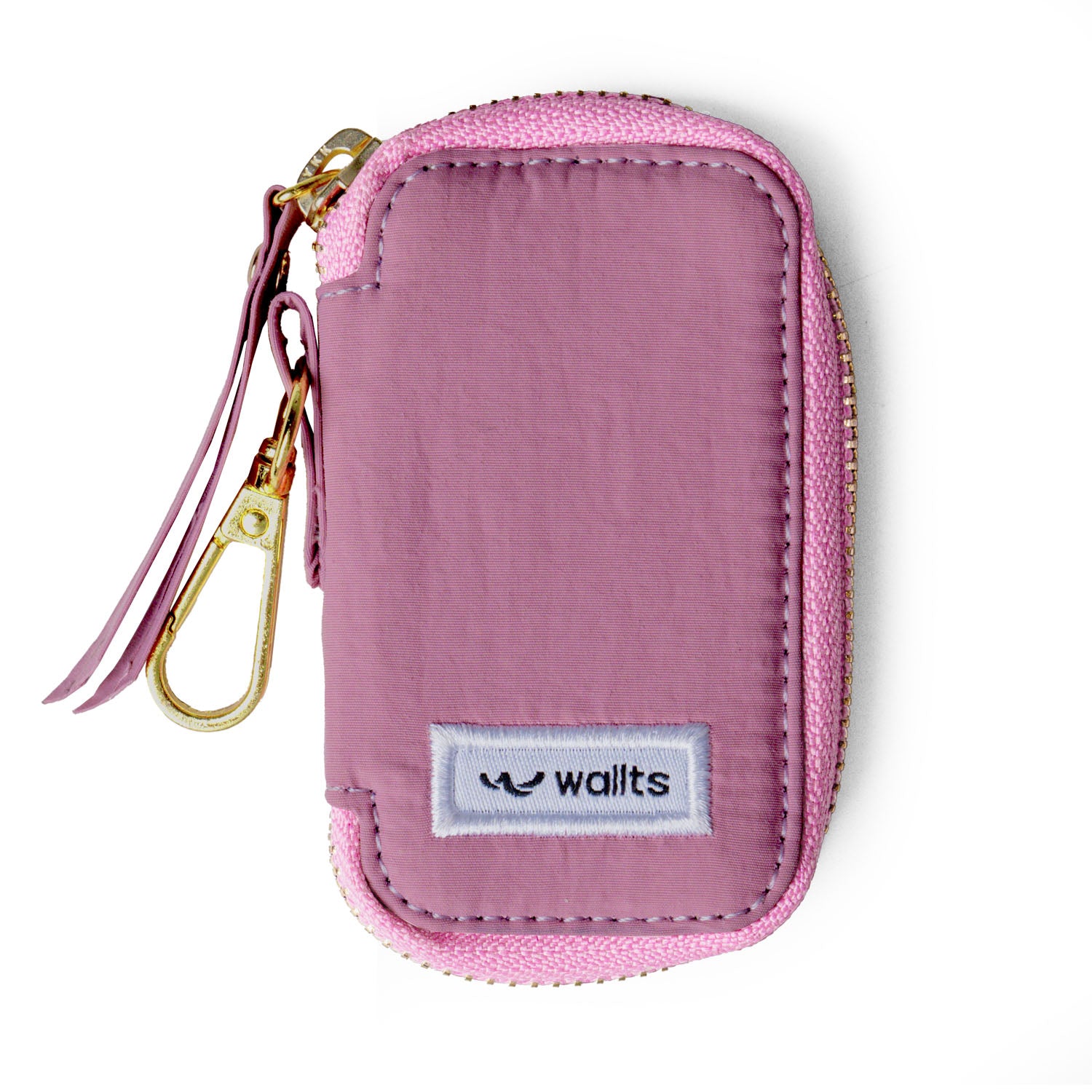A pink key holder with a zipper and a brand label that reads 'wallts'.