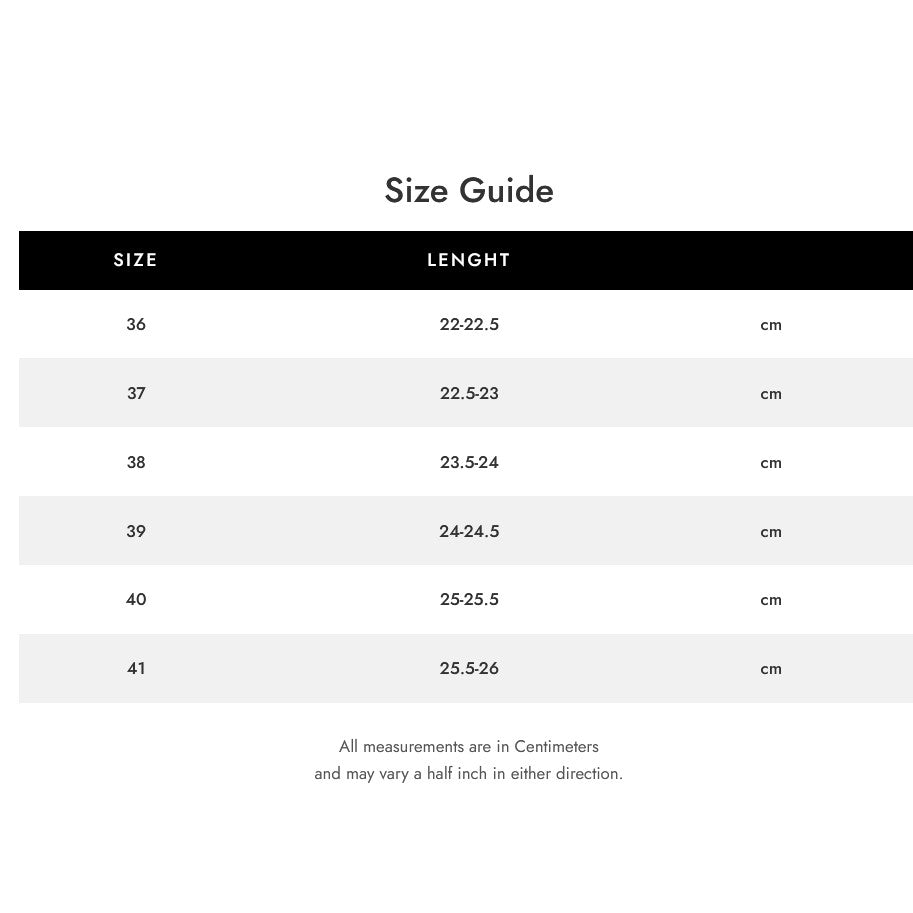 Size guide chart for women's flat shoes with measurements in centimeters