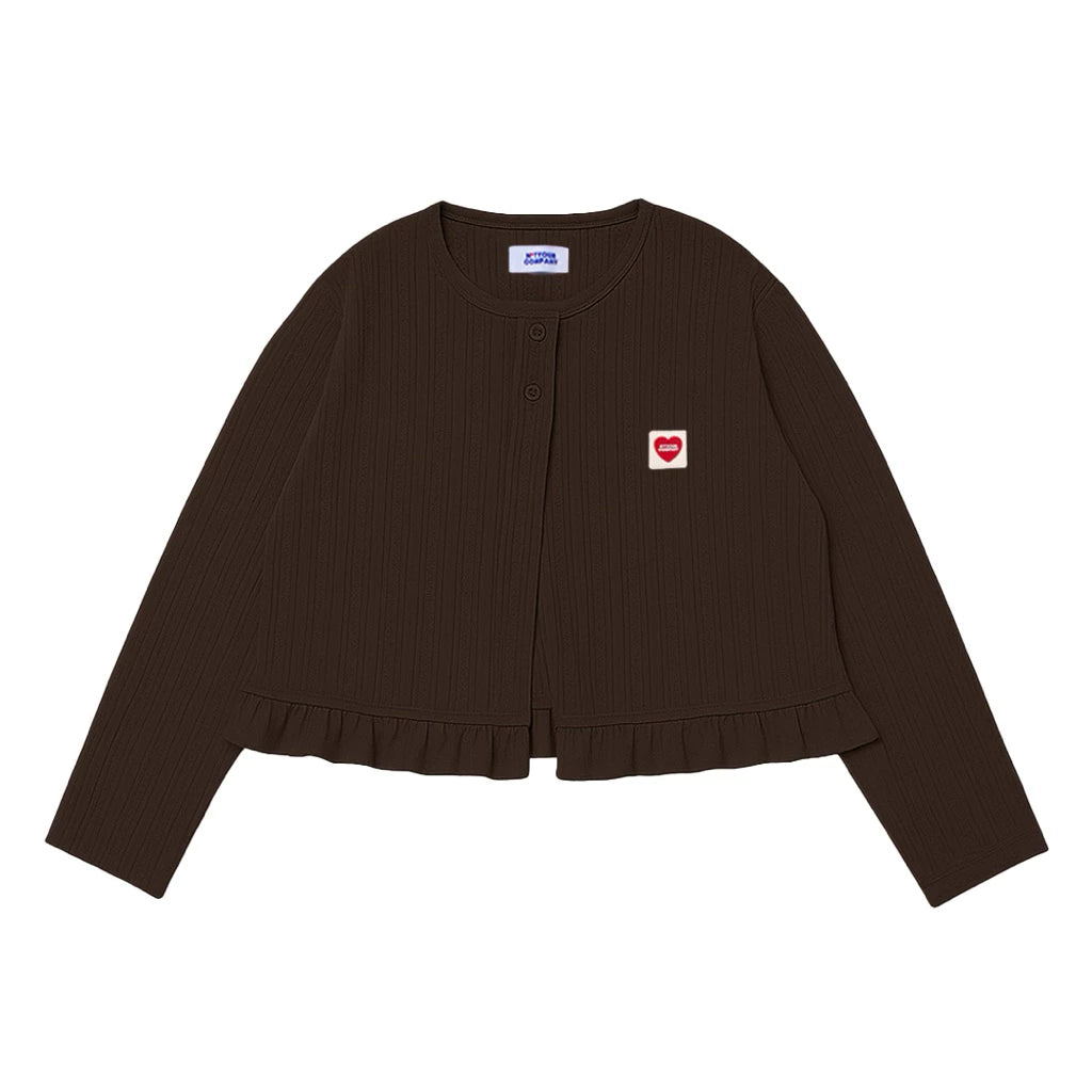 Brown cardigan with a small red heart logo by notyourcompany on a white background