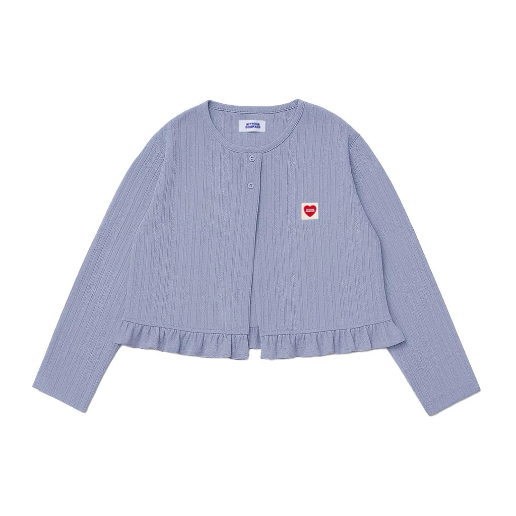 Dark blue ribbed long-sleeve cardigan with a small red heart logo by notyourcompany on a white background