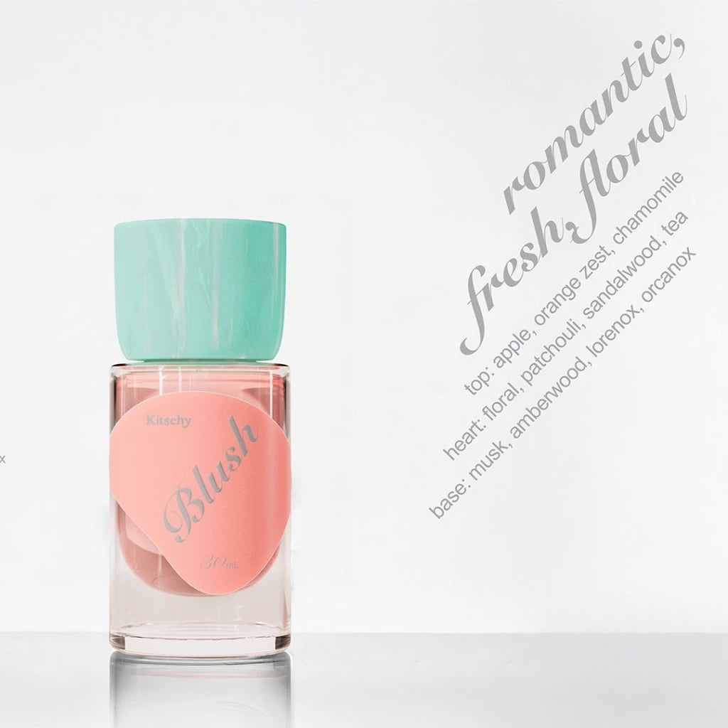 Blush Extrait De Parfum by Kitschy – 30ml romantic, fresh, floral fragrance with fruity, floral, tea, and musk notes.
