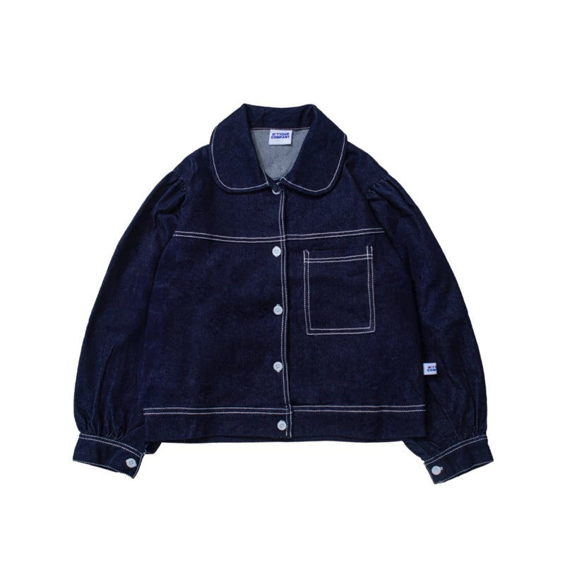 Dark denim jacket with white stitching by notyourcompany on a white background