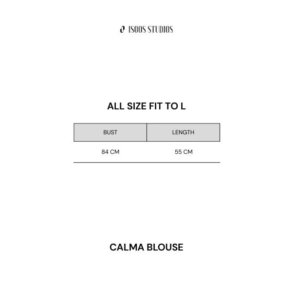 Measurement chart for the Calma Blouse by Isoos Studios with bust and length dimensions on a white background.