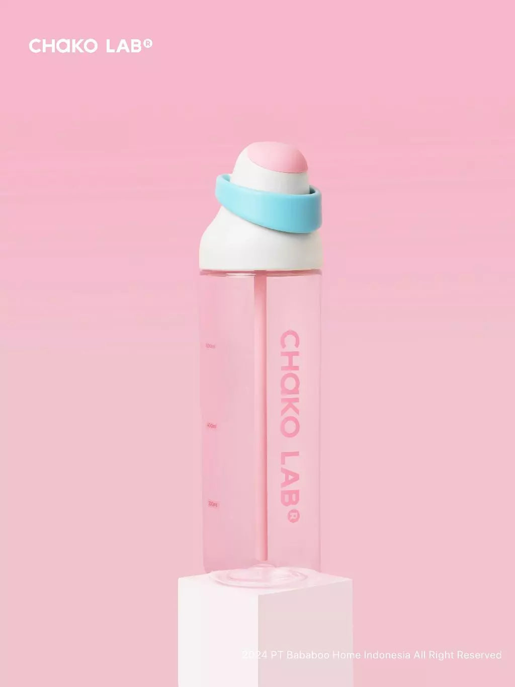 Clear bottle with white cap and blue accent on a pink background, featuring 'Chako Lab' branding.