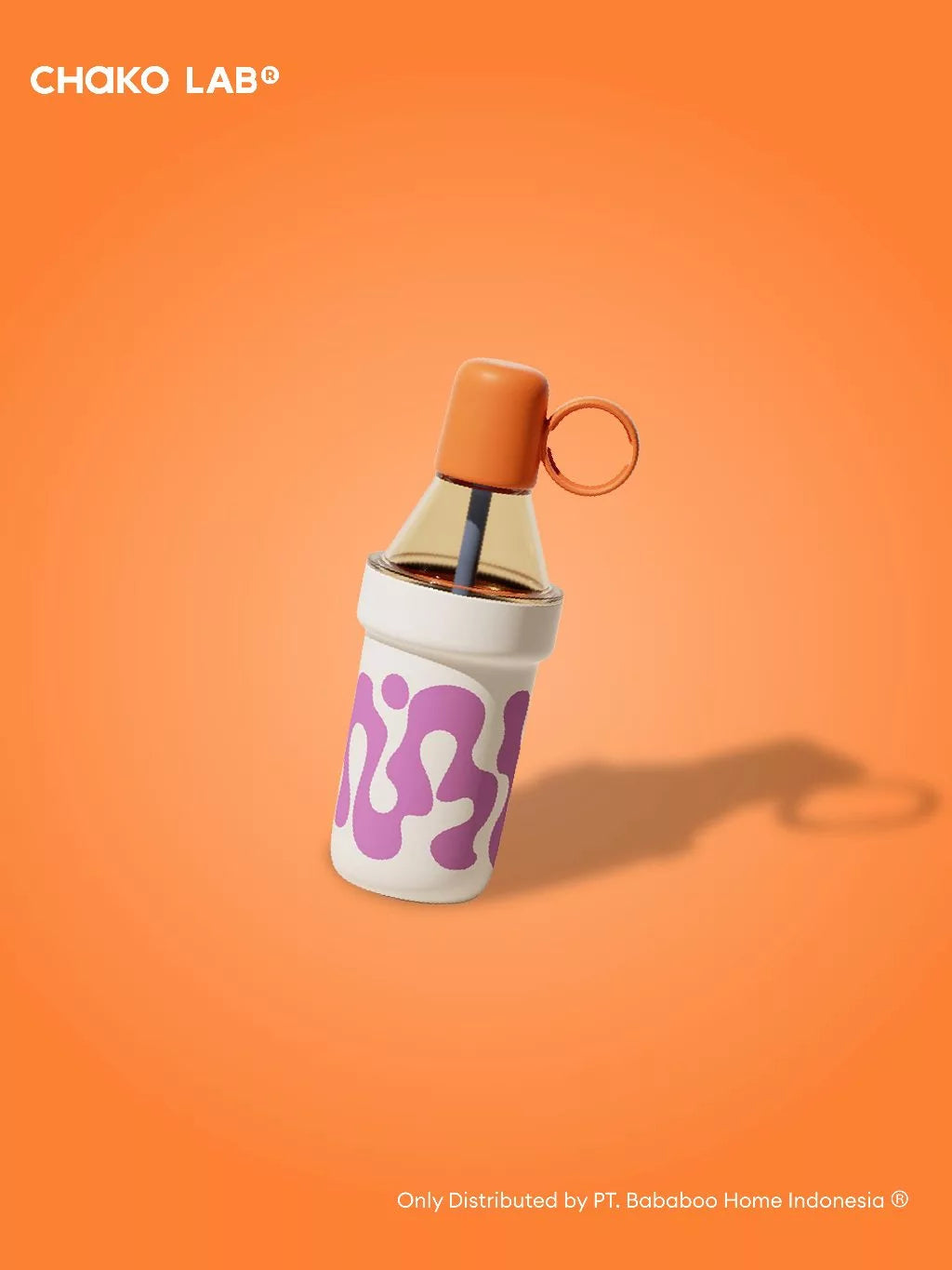 Small water container with a lid and keychain on an orange background, branded 'Chako Lab'.