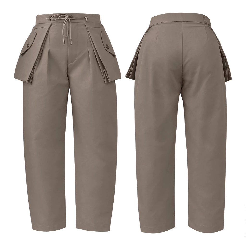 Front and back views of high-waisted taupe utility pants by Hunting Fields with pleated side flap details and a drawstring waist, shown on a plain white background.