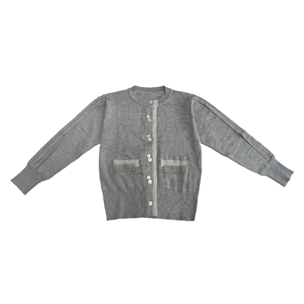 Gray cardigan by Hunting Fields with button details on a white background