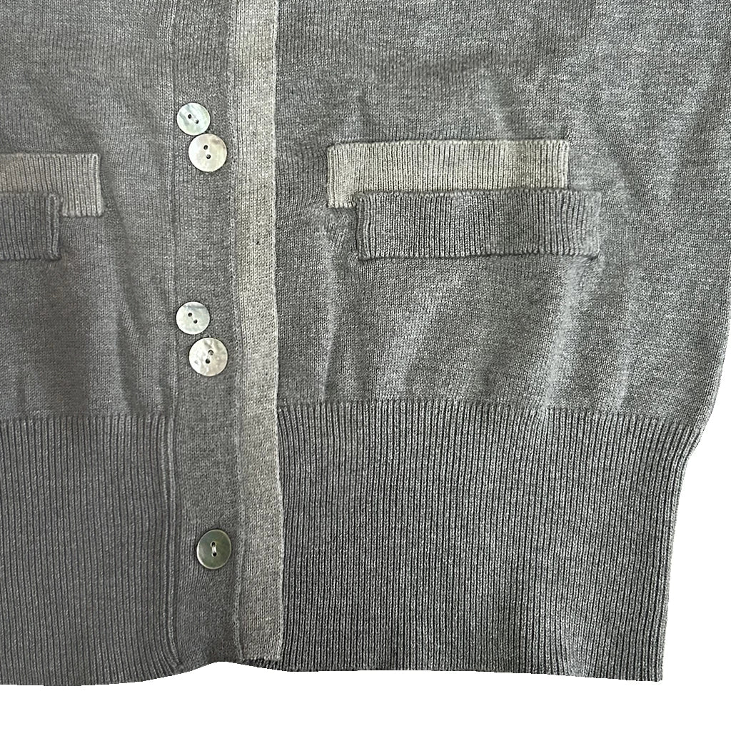 Close-up of a gray cardigan by Hunting Fields with button details on a white background