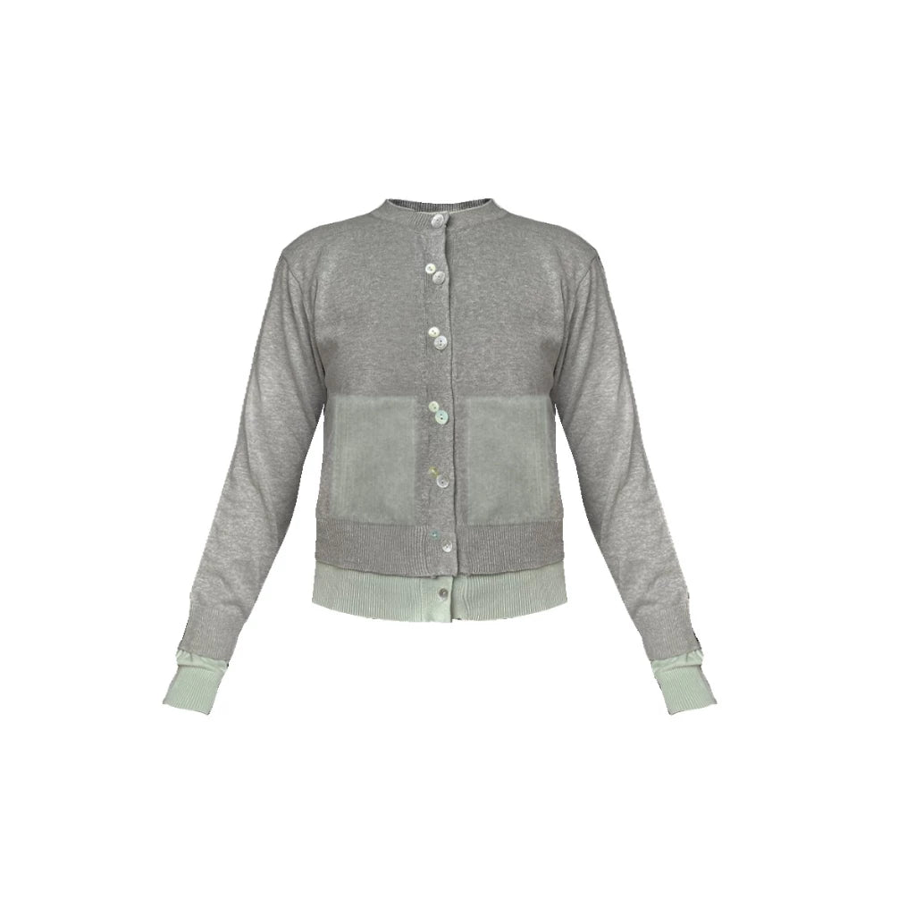 Gray cardigan by Hunting Fields with button details on a white background