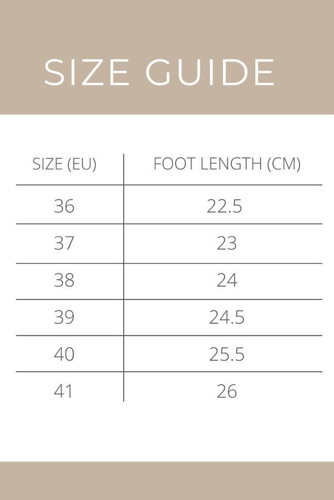 Size guide chart for Cajsa flat shoes with foot length measurements on a beige background