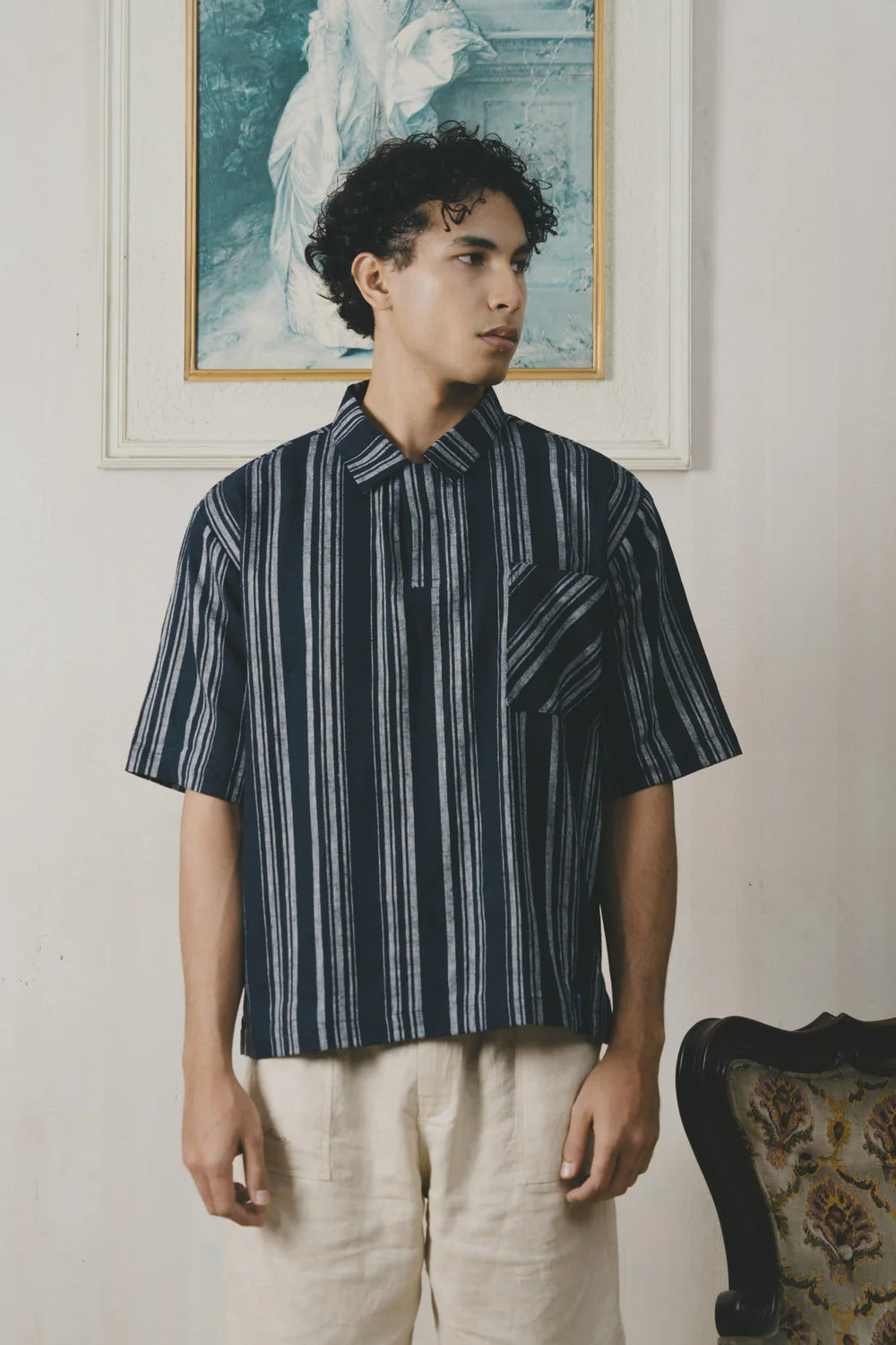 The Sidgwick Line Linen Short Sleeve Shirt Navy - Oxford Society