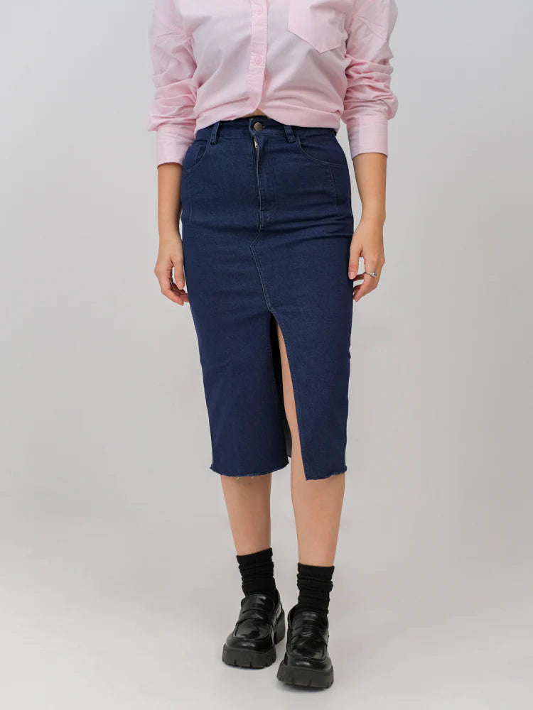 Avery Midi Denim Skirt Navy Blue - Ambra La Moda
