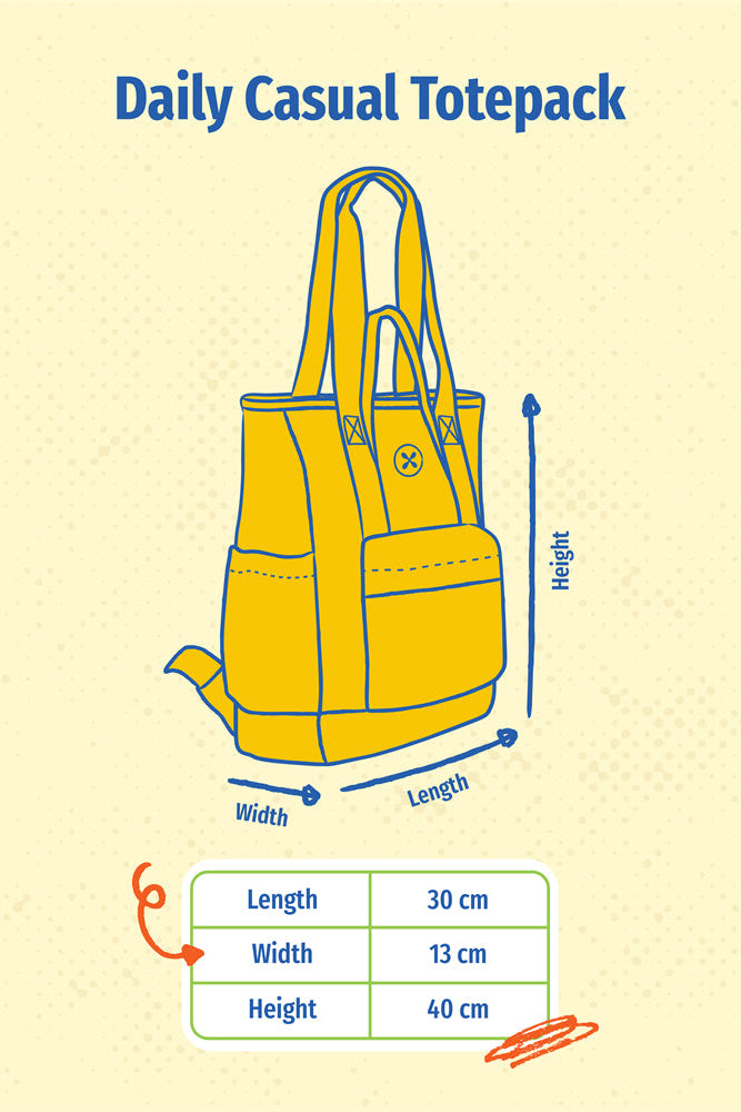 Yellow 2in1 bag by Exsport Bag with dimensions on a beige background