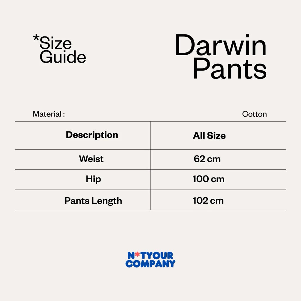 Size guide for Darwin Pants by Not Your Company with material, waist, hip, and pants length measurements.