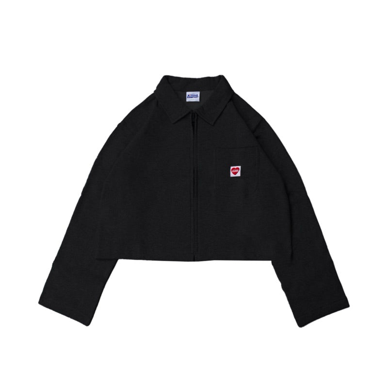 A black crop jacket with a collar, long sleeves, and a front pocket, featuring a small red logo on the chest by notyourcompany.