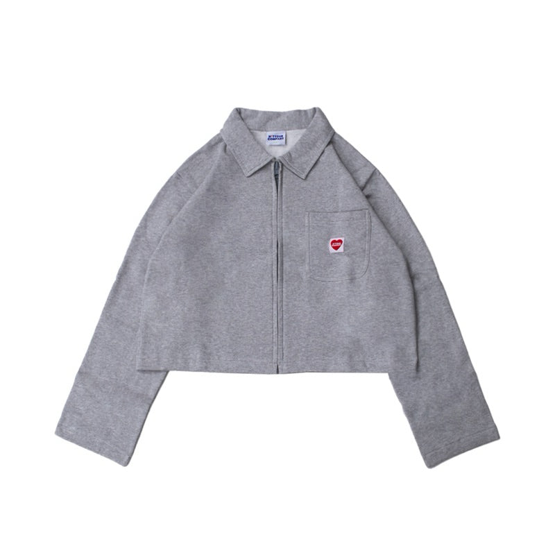 A grey crop jacket with a collar, long sleeves, and a front pocket, featuring a small red logo on the chest by notyourcompany.