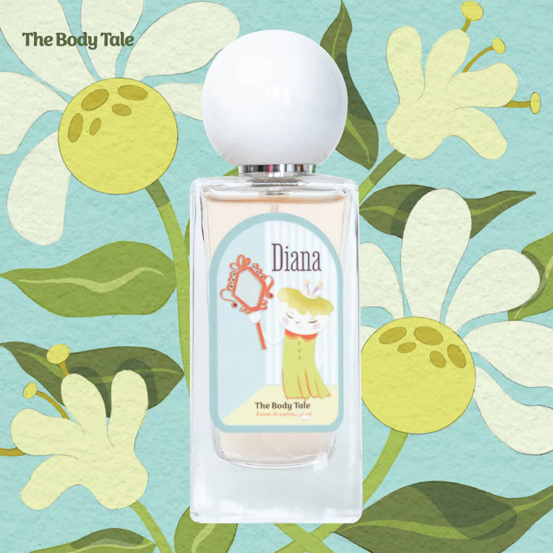 A bottle of 'Diana' perfume by The Body Tale, featuring a floral design background and a cartoon illustration of a woman on the label.