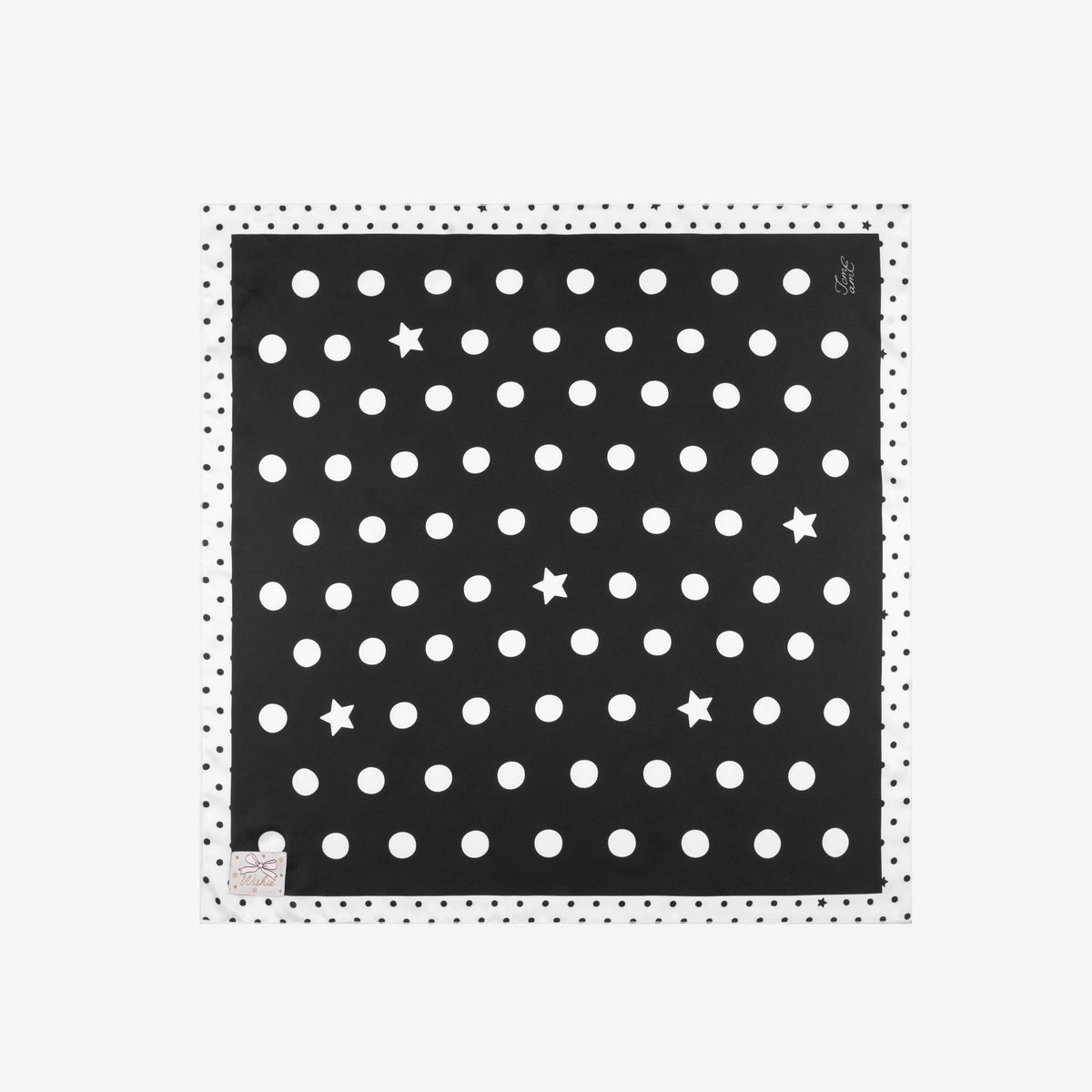 A square black scarf by Tome Ame with a white polka dot pattern and scattered white stars, finished with a white border of small black dots, shown flat against a light gray background.