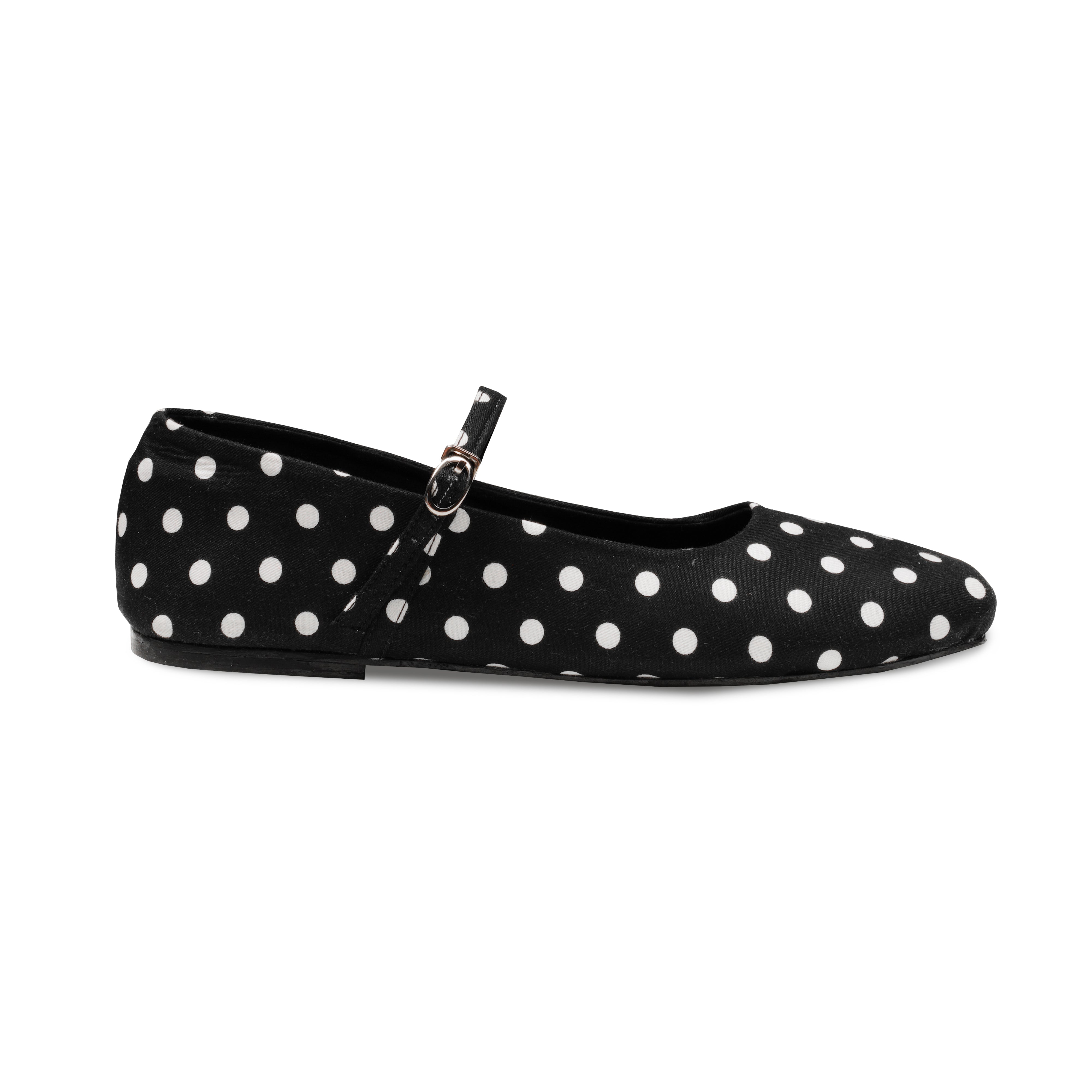 Black flatshoe with white polka dot on a white background