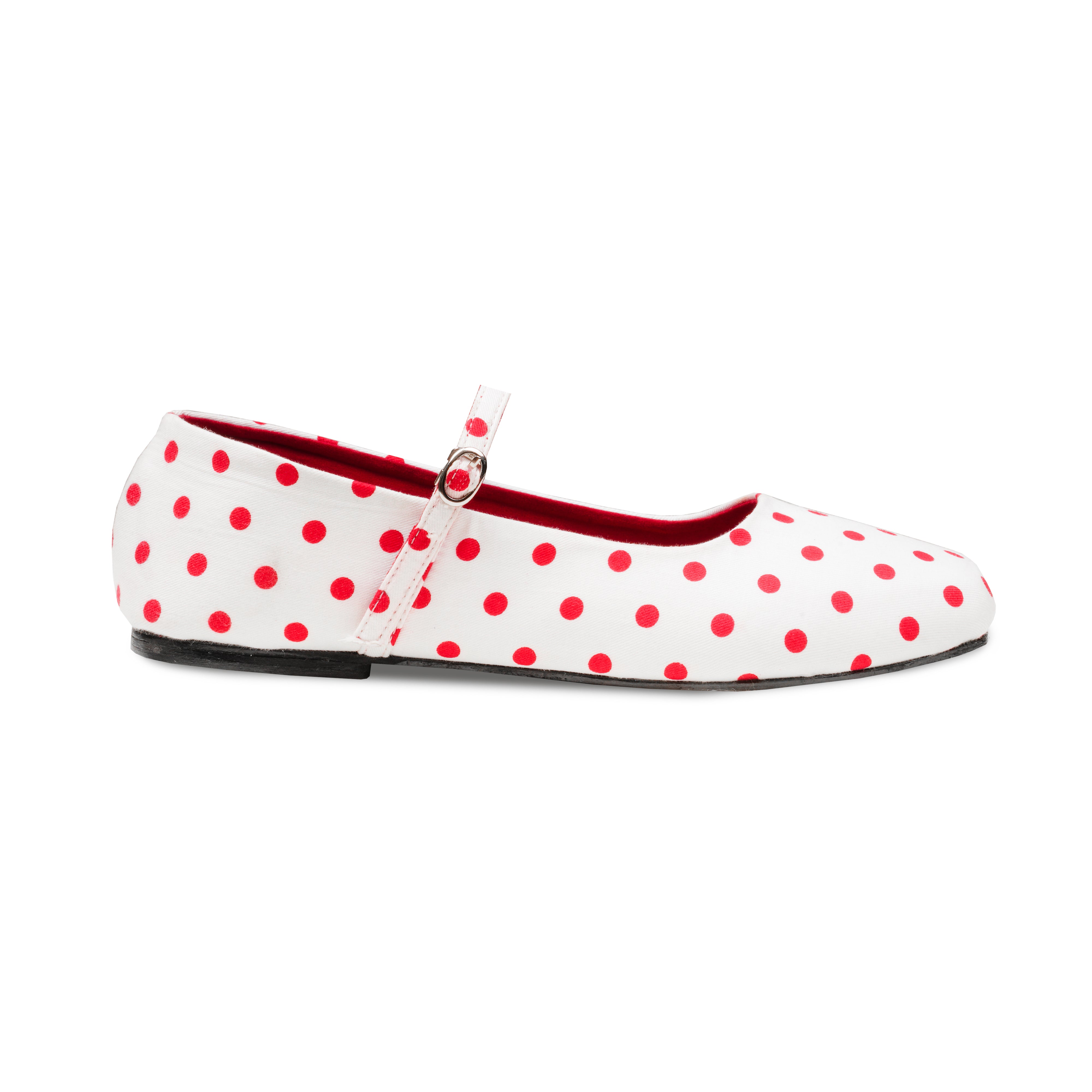 White flatshoes with red polka dots on a white background
