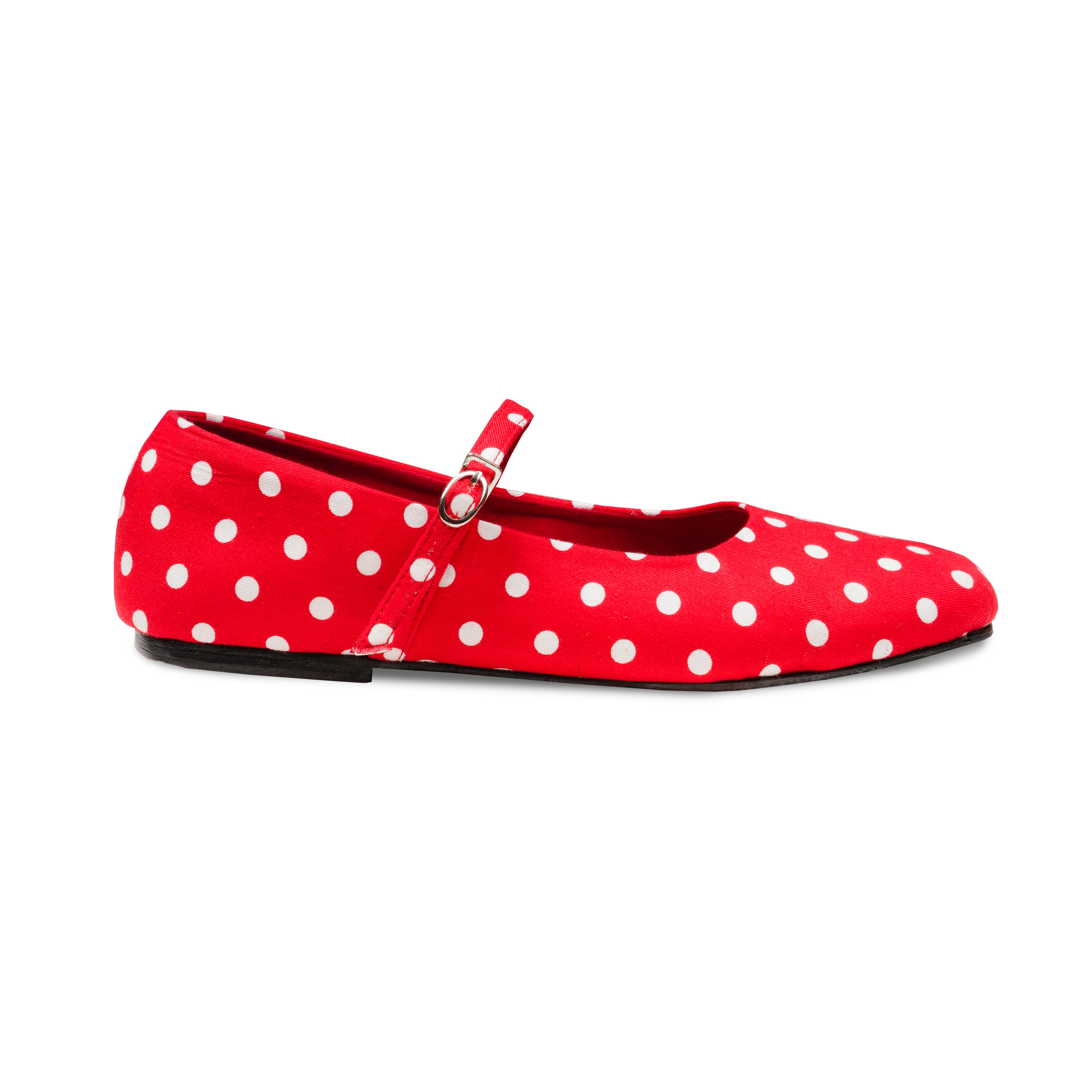 Red flatshoes with white polka dot and a strap on a white background
