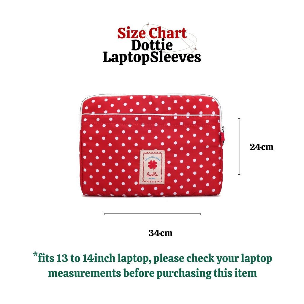Red laptop sleeve by Luella with white polka dots and size chart on a white background