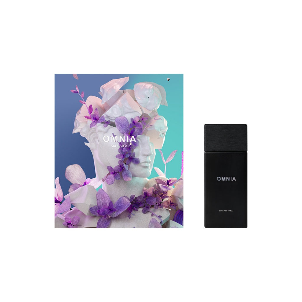 The image features the "Extrait De Parfum - Omnia (30ml)" bottle by Saff n Co alongside its packaging. The bottle is sleek and modern, with a minimalist design in black.