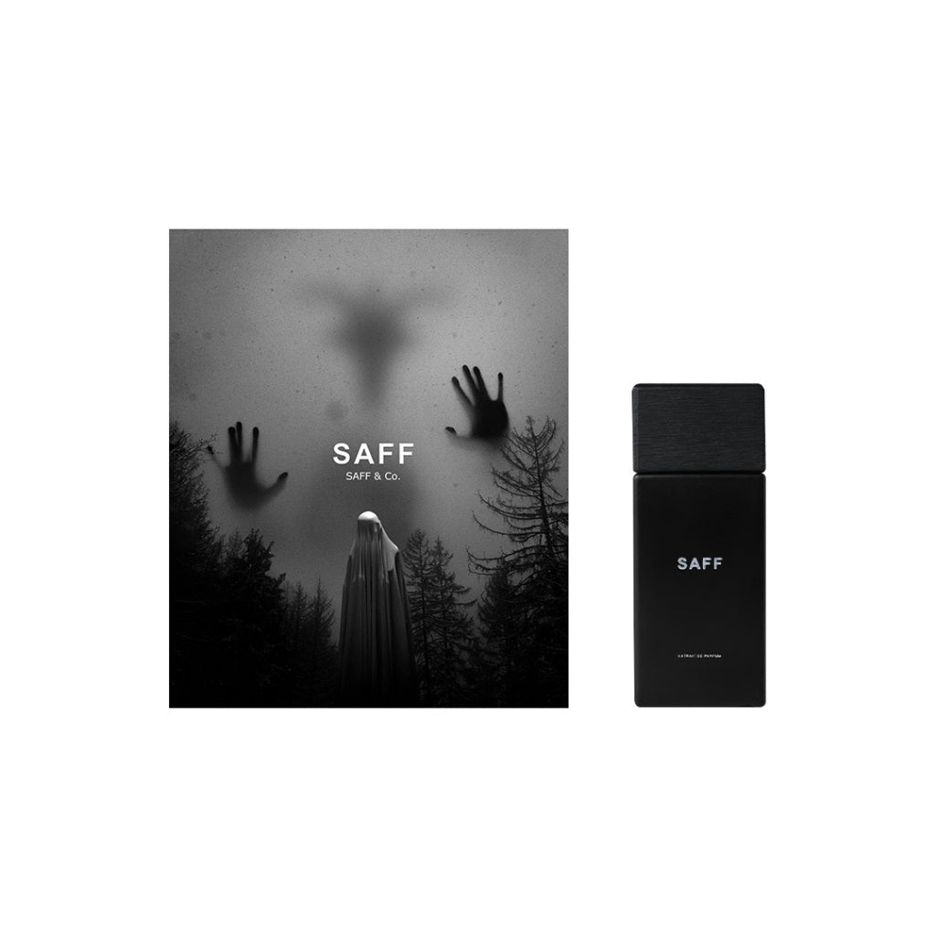 A black perfume bottle and packaging with a mysterious and dark design, featuring the name 'SAFF' and the brand Saff n Co.