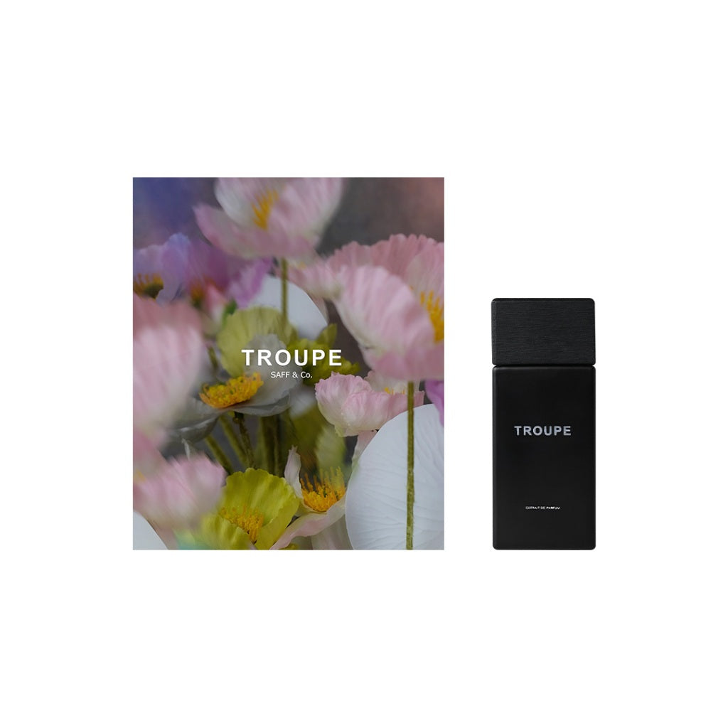 The image shows a bottle of 'TROUPE' perfume by Saff n Co with a colorful floral design on the packaging, indicating a sweet and fruity fragrance.