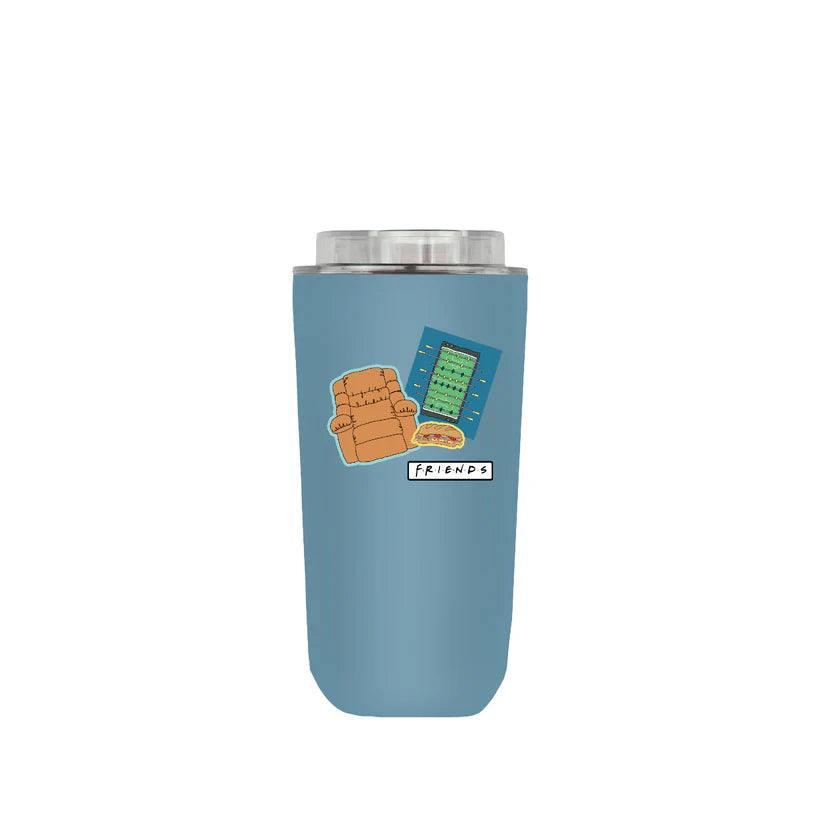 Blue tumbler by Domma with 'Friends' themed design on a white background