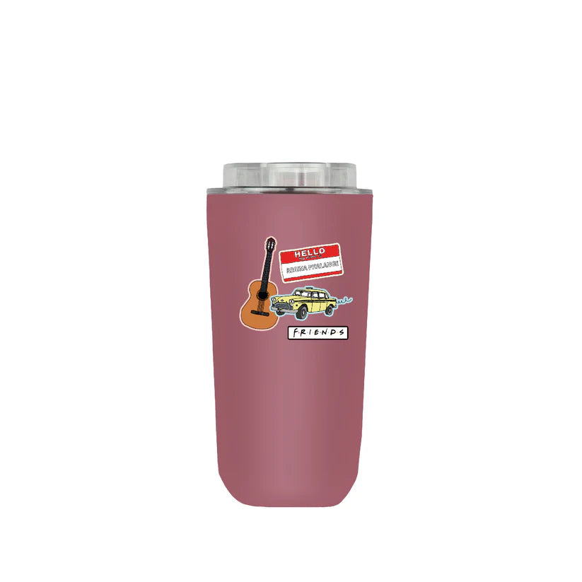 Pink tumbler by Domma with 'Friends' themed design on a white background