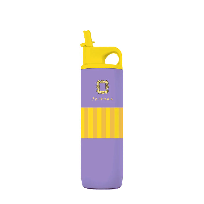 Purple water bottle by Domma with yellow accents on a white background