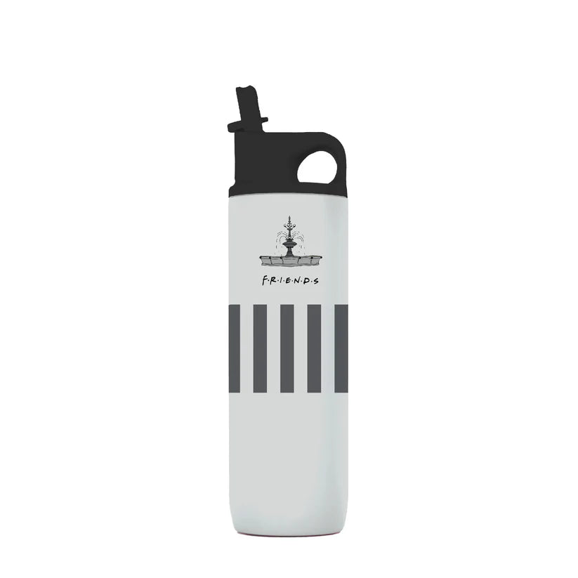 White water bottle by Domma with black accents and 'Friends' logo on a white background