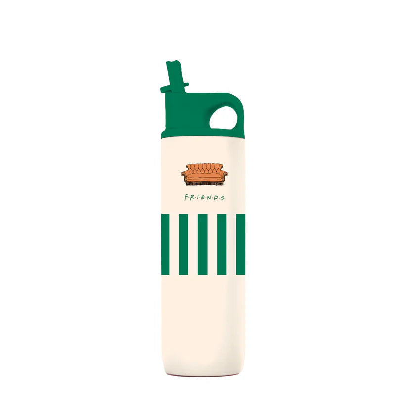 White water bottle by Domma with green accents and 'Friends' logo on a white background
