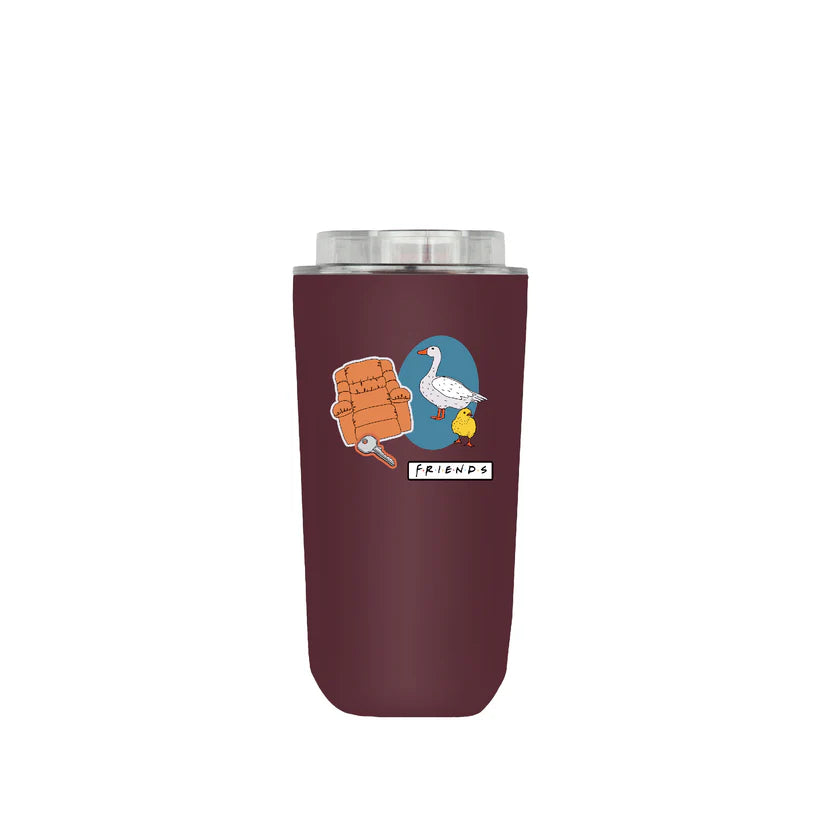 Maroon tumbler by Domma with 'Friends' logo and characters on a white background