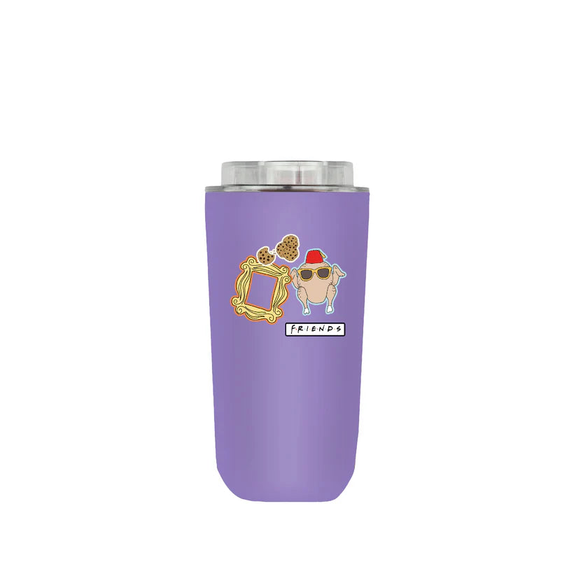 Purple tumbler by Domma with 'Friends' logo and character design on a white background