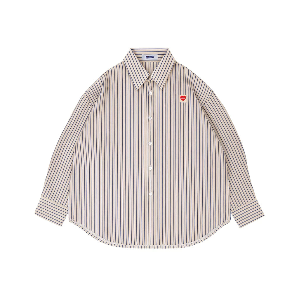 Striped brown shirt with a small red heart emblem by notyourcompany on a white background