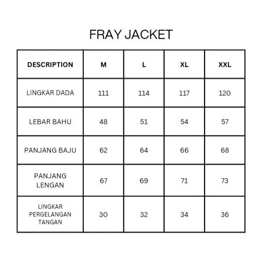 Size chart for Fray Jacket by Blee with measurements in centimeters.