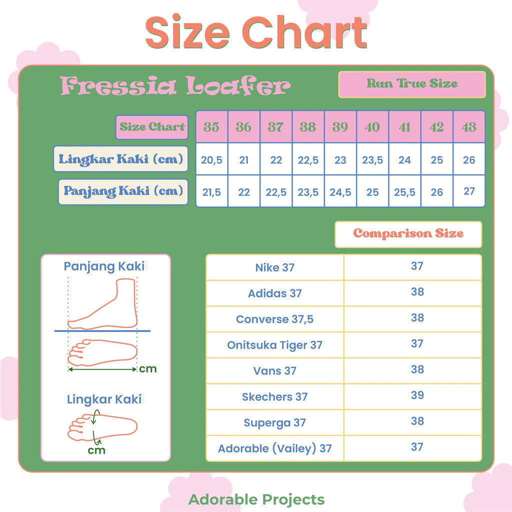 Fressia Loafer size chart by Adorable Projects with foot measurement guide and brand comparison.
