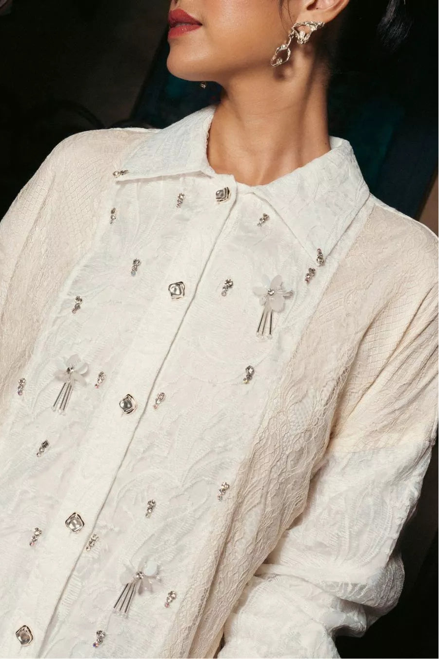 Gayatri Lace Beads Shirt Cream Broken White - LR Studio