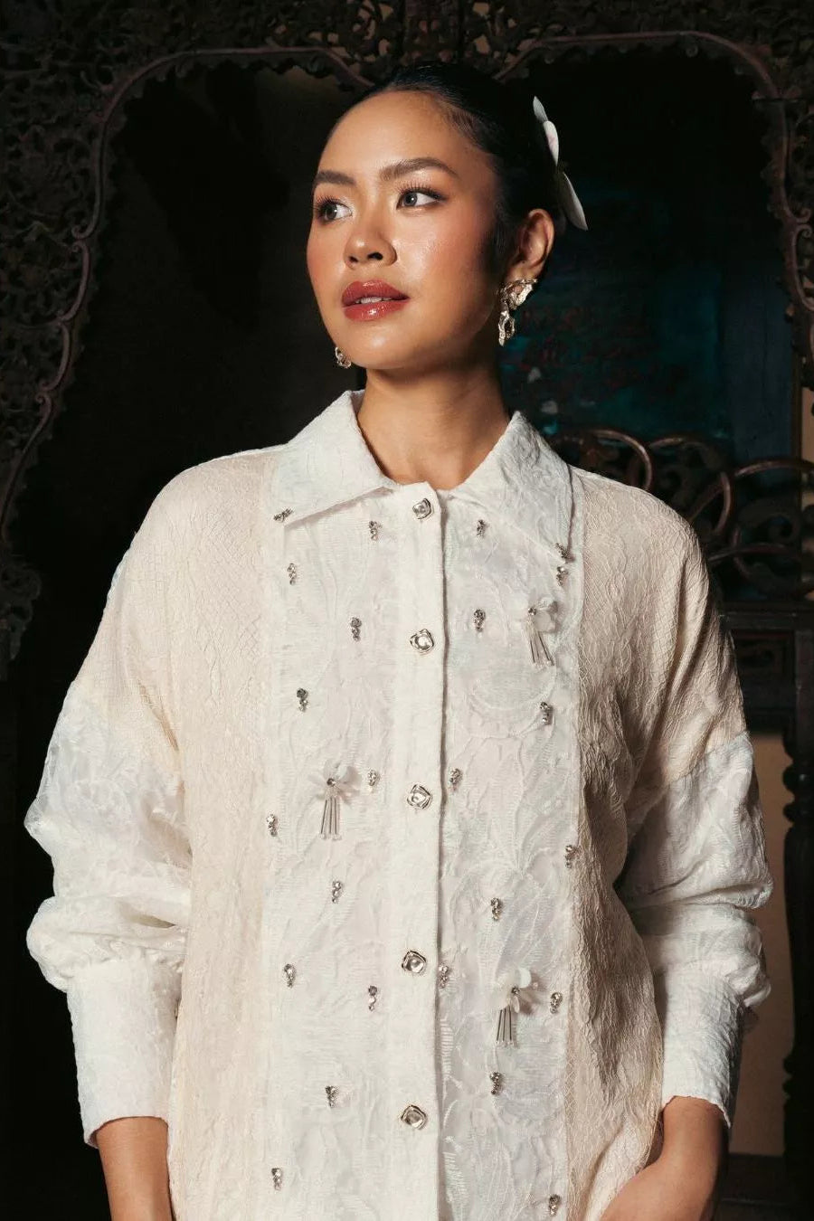 Gayatri Lace Beads Shirt Cream Broken White - LR Studio