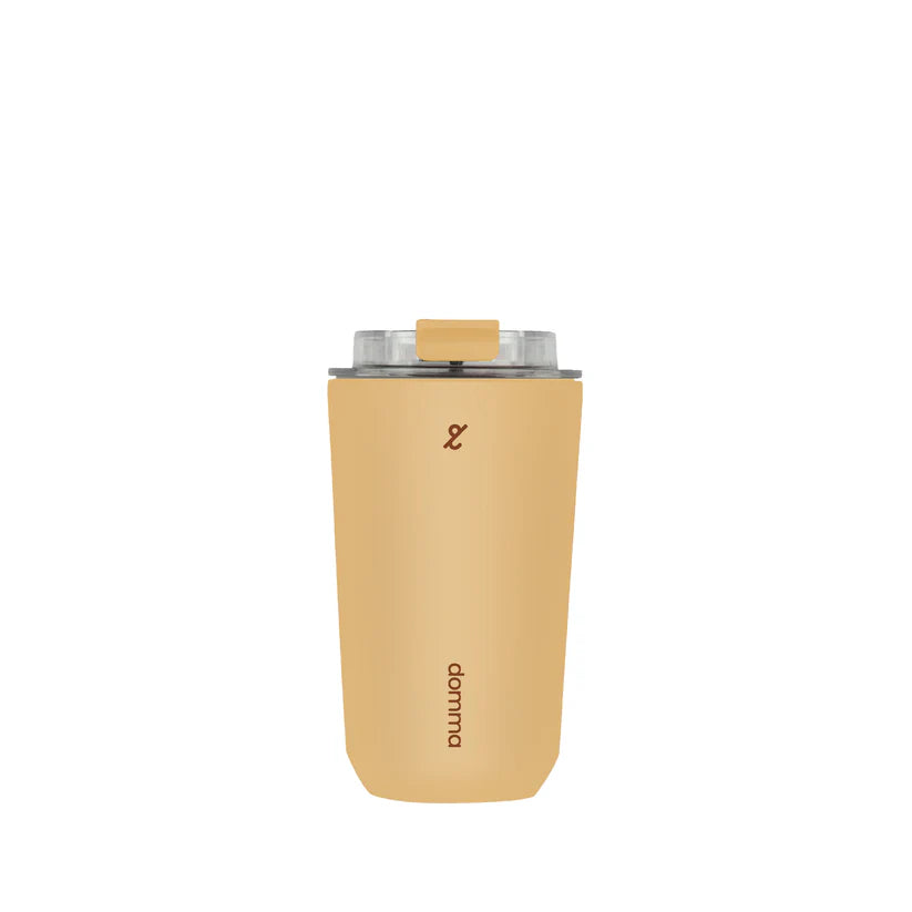 Beige travel mug with a clear lid by Domma on a white background