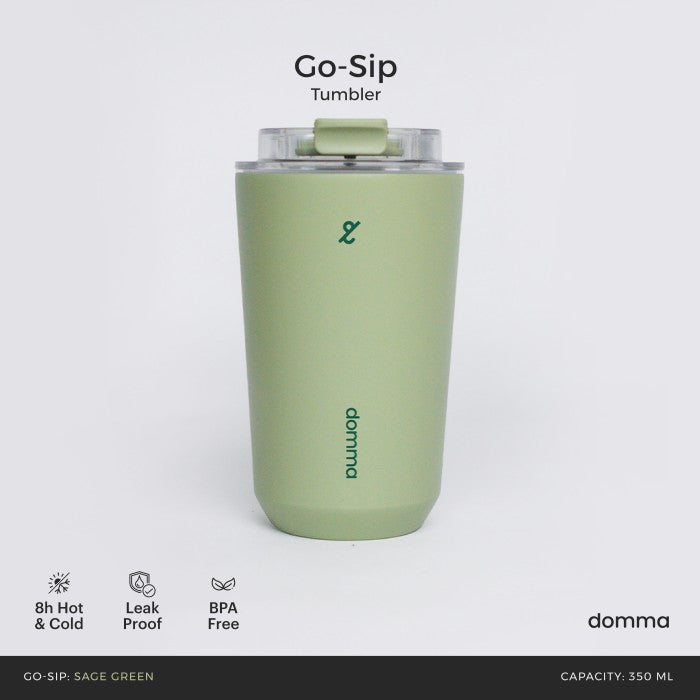 A light green stainless steel insulated travel mug with a Domma brand logo on the front.